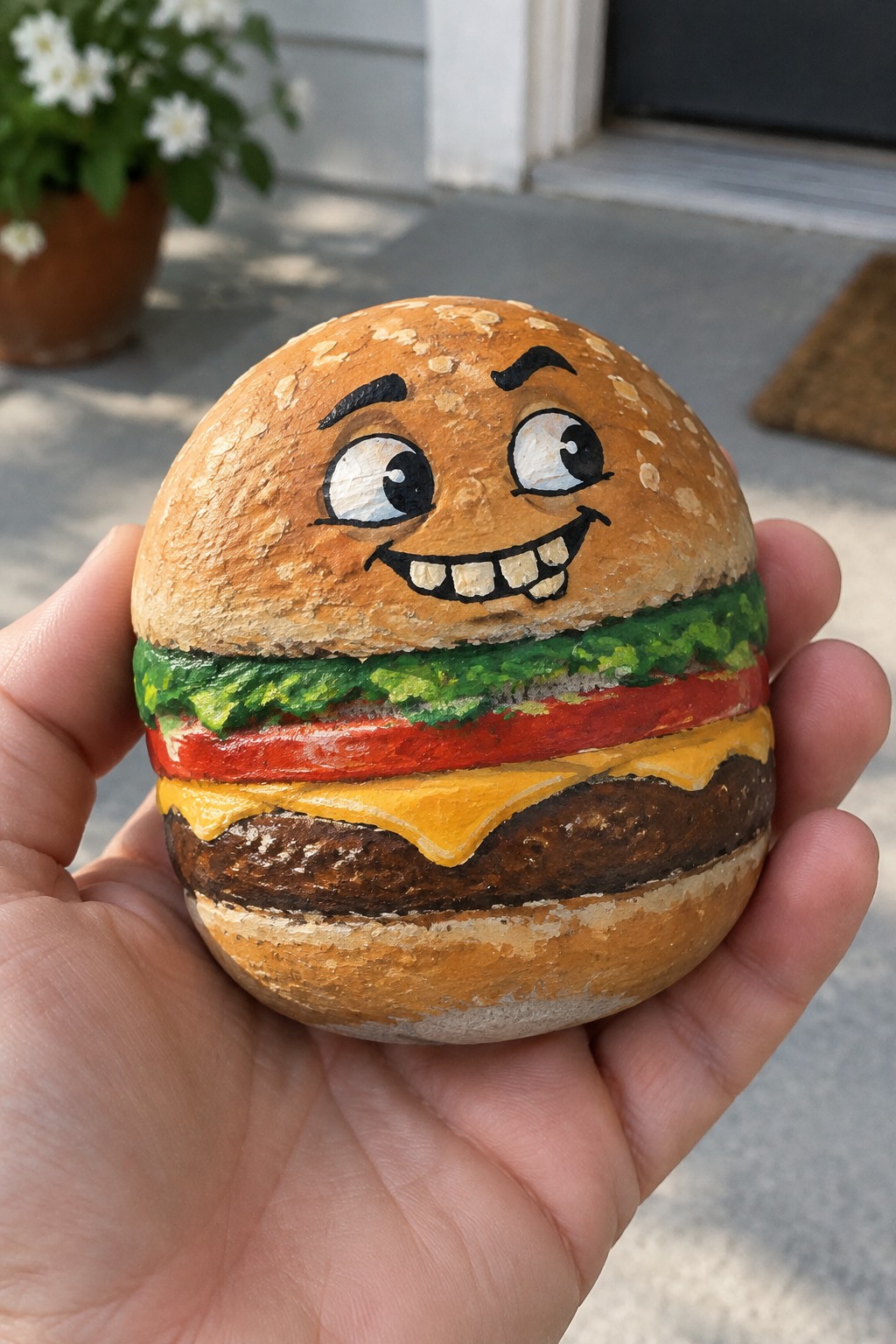 Hand holding rock painted as smiling hamburger with cartoon eyes and layered toppings.