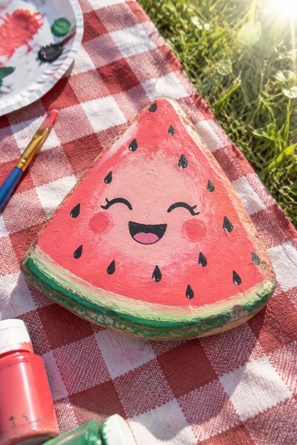 Cute painted watermelon rock with smiling face on red checkered blanket with paints and brush