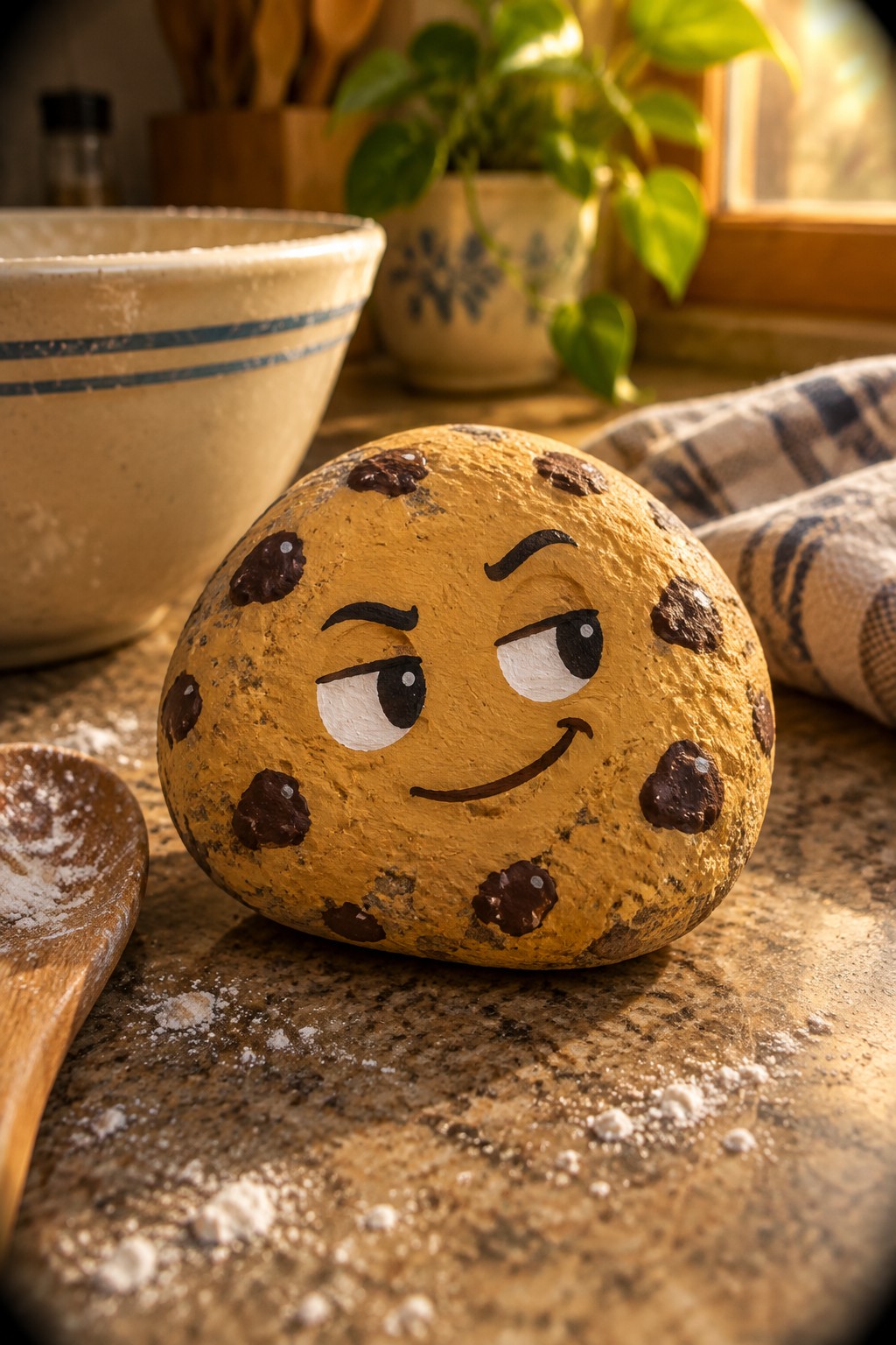 Winking chocolate chip cookie rock on floured kitchen countertop with bowl and spoon