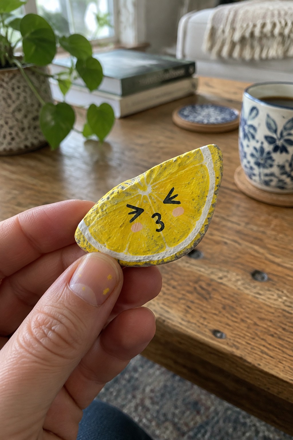 Hand holding yellow painted rock like lemon slice with winking cartoon face and pink cheeks