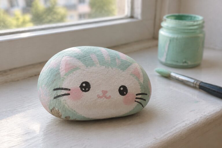 Painted cat-faced rock on windowsill beside green paint jar and brush