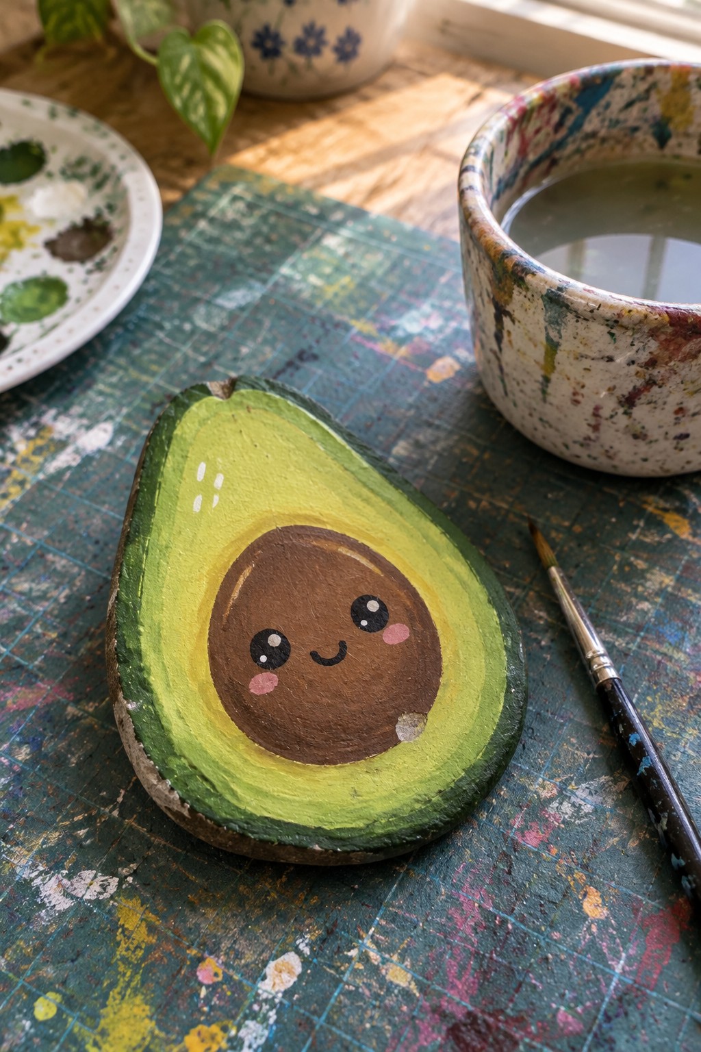 Cute cartoon-faced avocado painting on green gridded mat with paintbrush and palette.