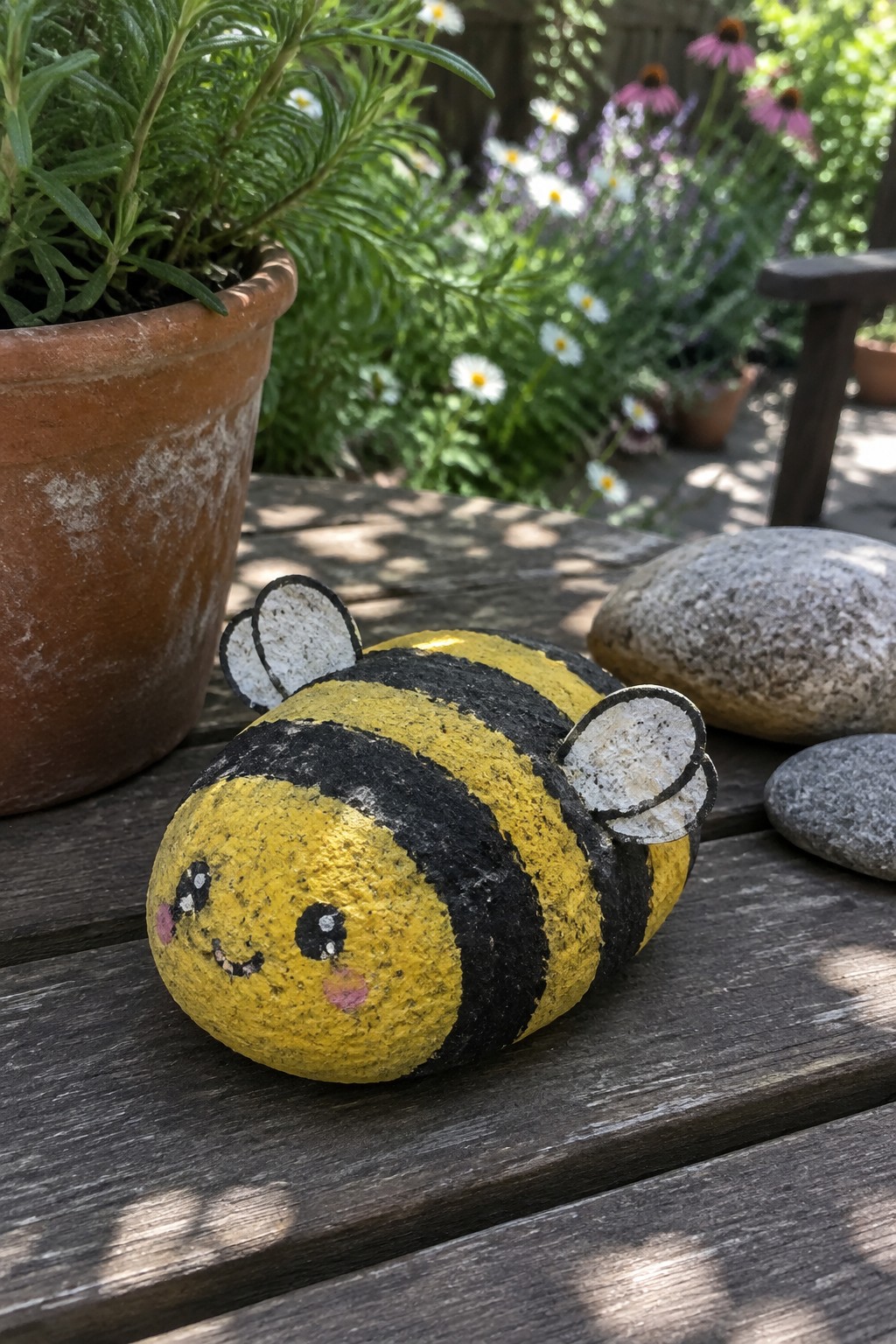 A yellow and black striped bee painted on a rounded stone with a kawaii face and white wings rests on a wooden table beside a terracotta pot.