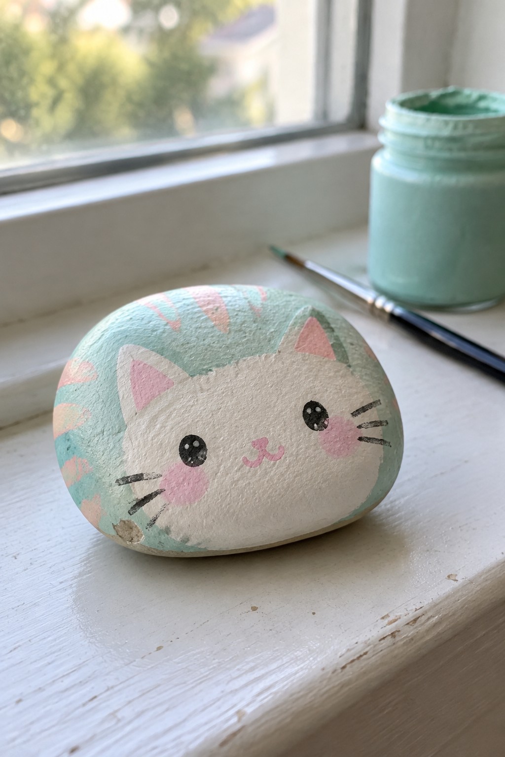 Painted cat-faced rock on windowsill beside green paint jar and brush
