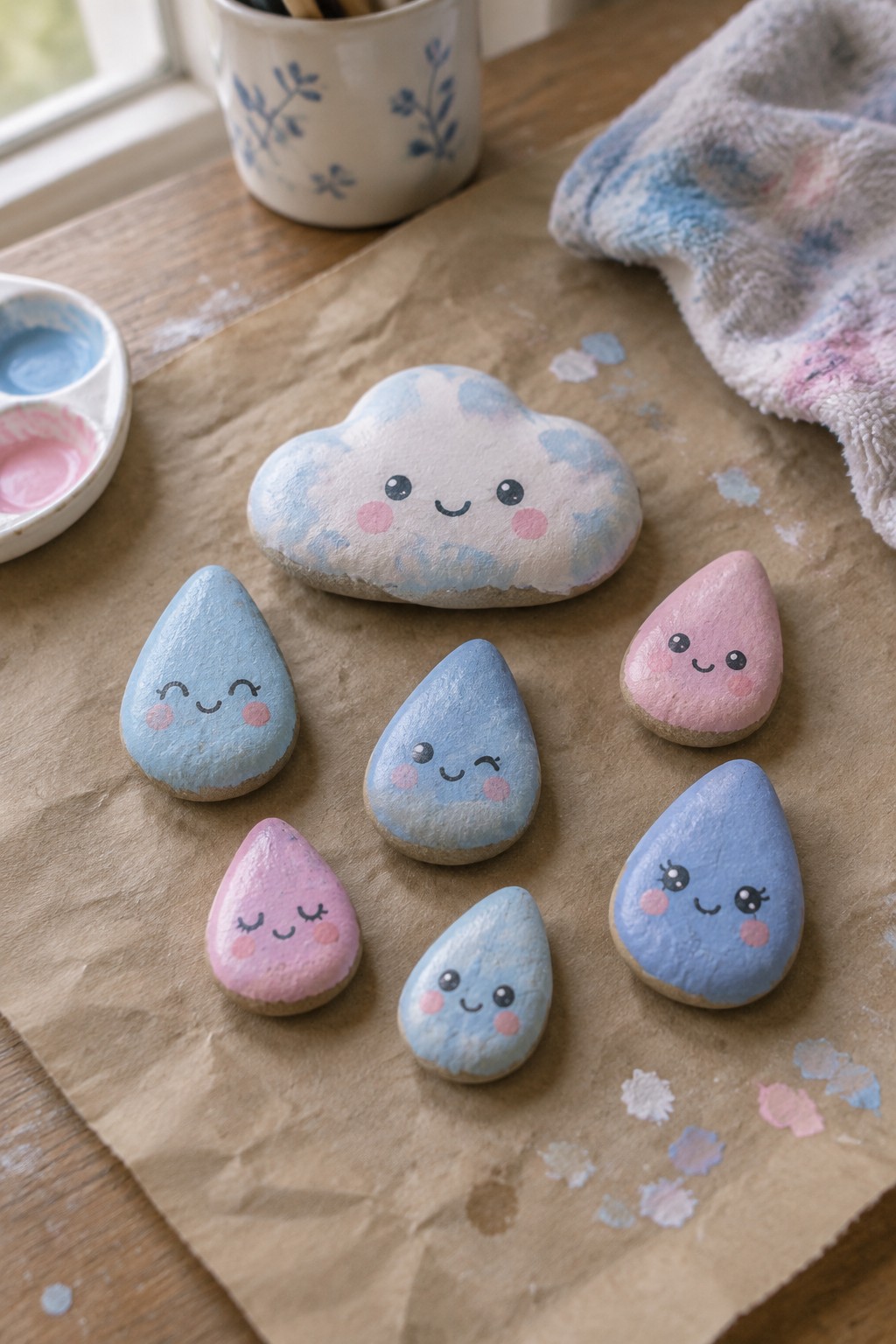 Cute painted cloud and raindrop rocks with kawaii faces on brown paper.