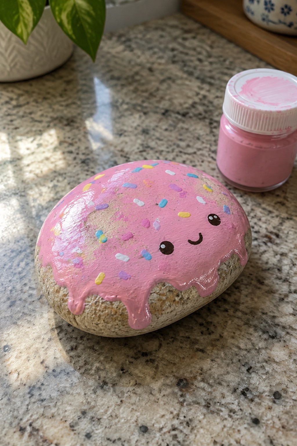 Painted rock like pink-frosted donut with sprinkles and cute face on counter