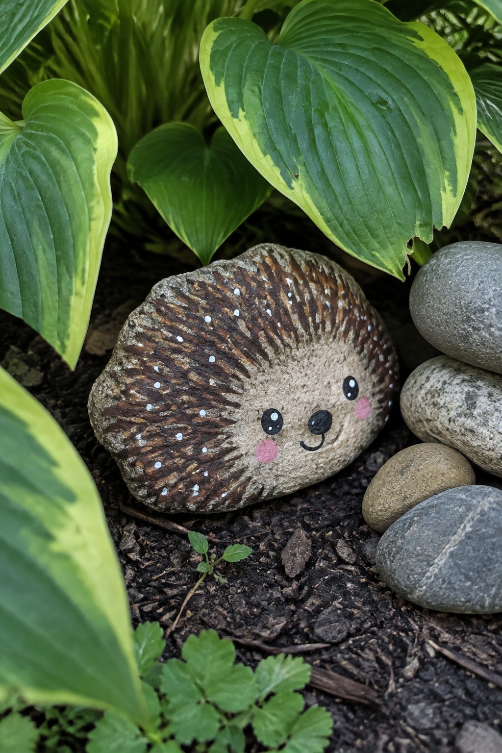 Painted hedgehog rock with brown spines, smiling face amid green hosta leaves and stones.