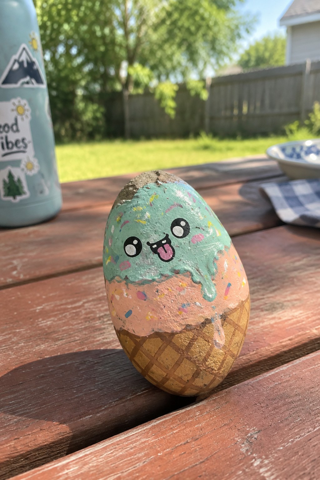A painted oval rock designed as a kawaii ice cream cone with mint green scoop, sprinkles, and a face rests on a wooden outdoor table.