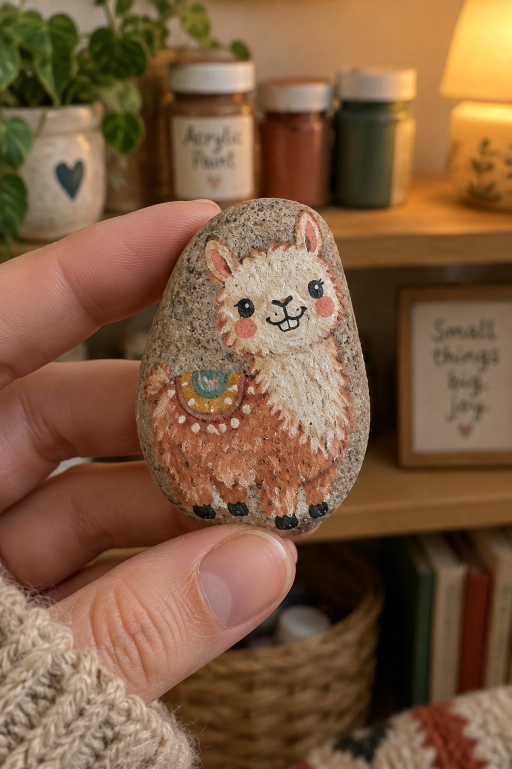 Hand in beige knit holds stone painted as fluffy llama with colorful poncho