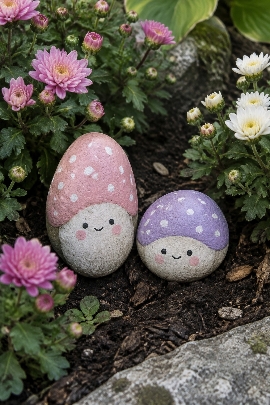 Two smiling mushroom rocks, pink and purple with white spots, amid garden flowers.
