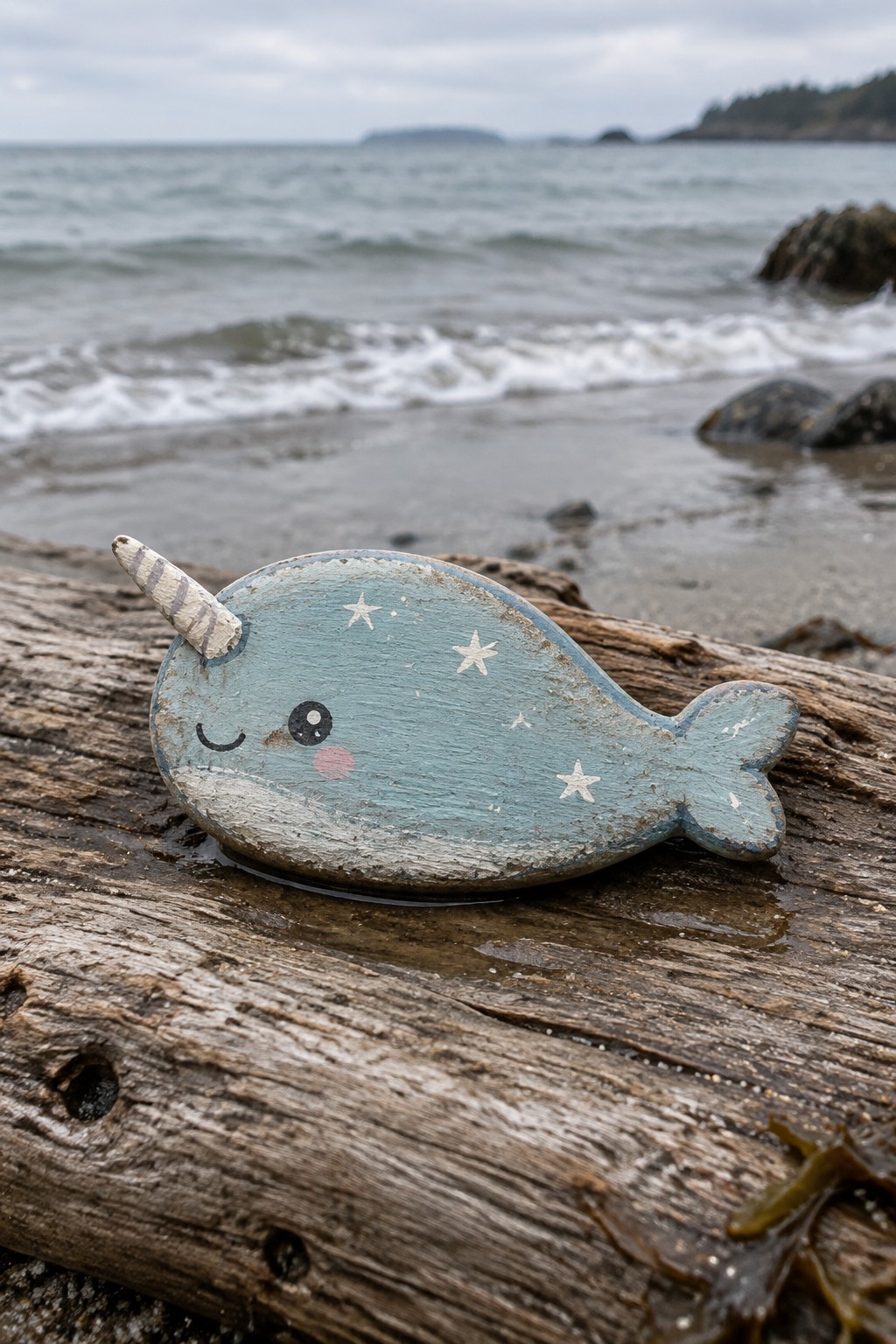 Blue wooden narwhal toy with stars rests on wet driftwood by ocean waves