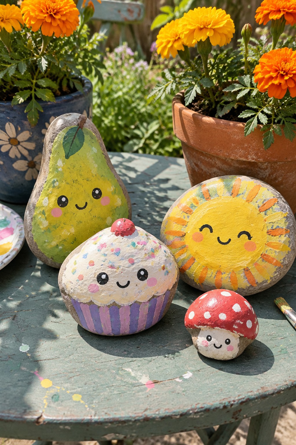 Cute painted rocks as pear, cupcake, sun and mushroom on garden table with flowers