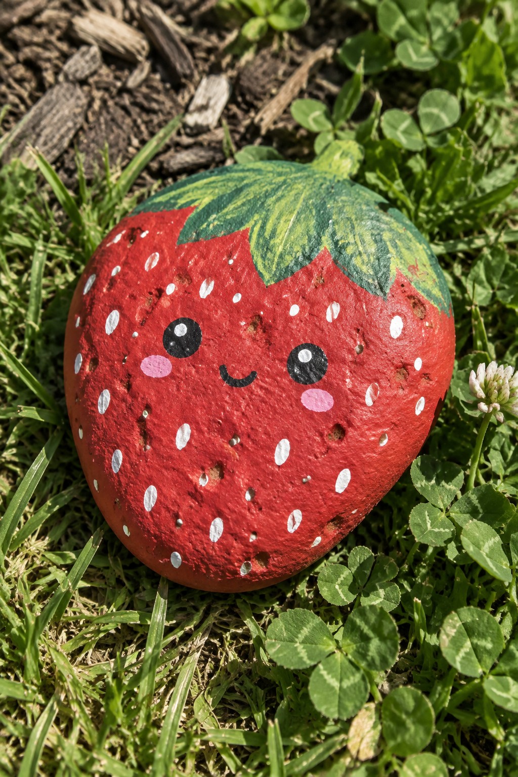 Painted red strawberry rock with cute smiling face on grass and clover