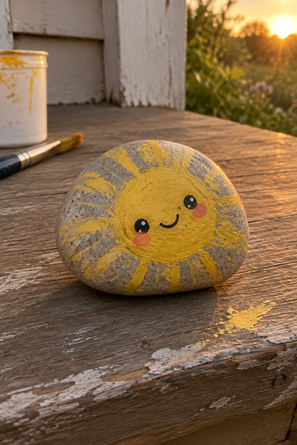 Yellow smiling sun painted on gray rock beside paint jar and brush at sunset