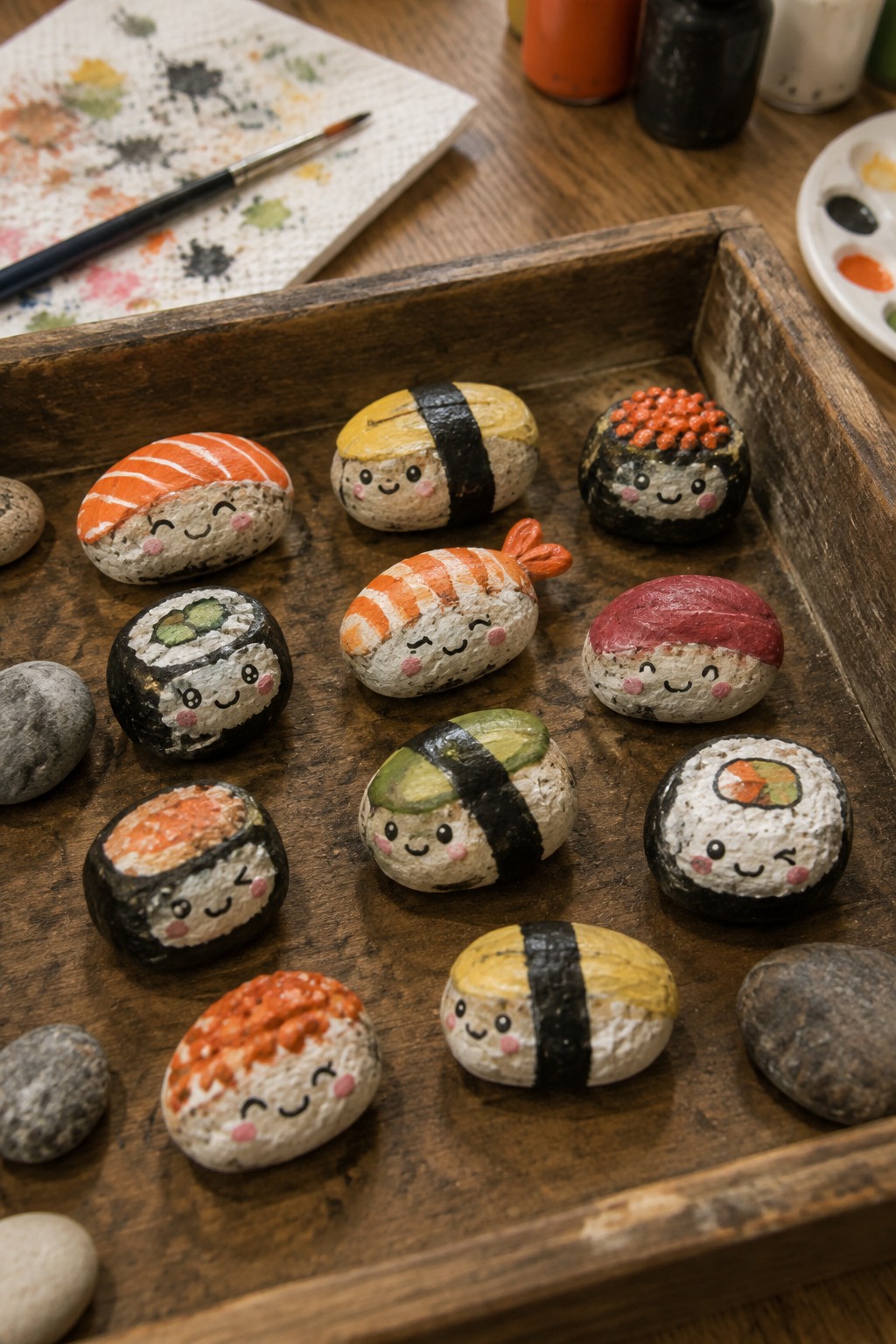 Kawaii painted rocks as smiling sushi pieces in rustic wooden tray