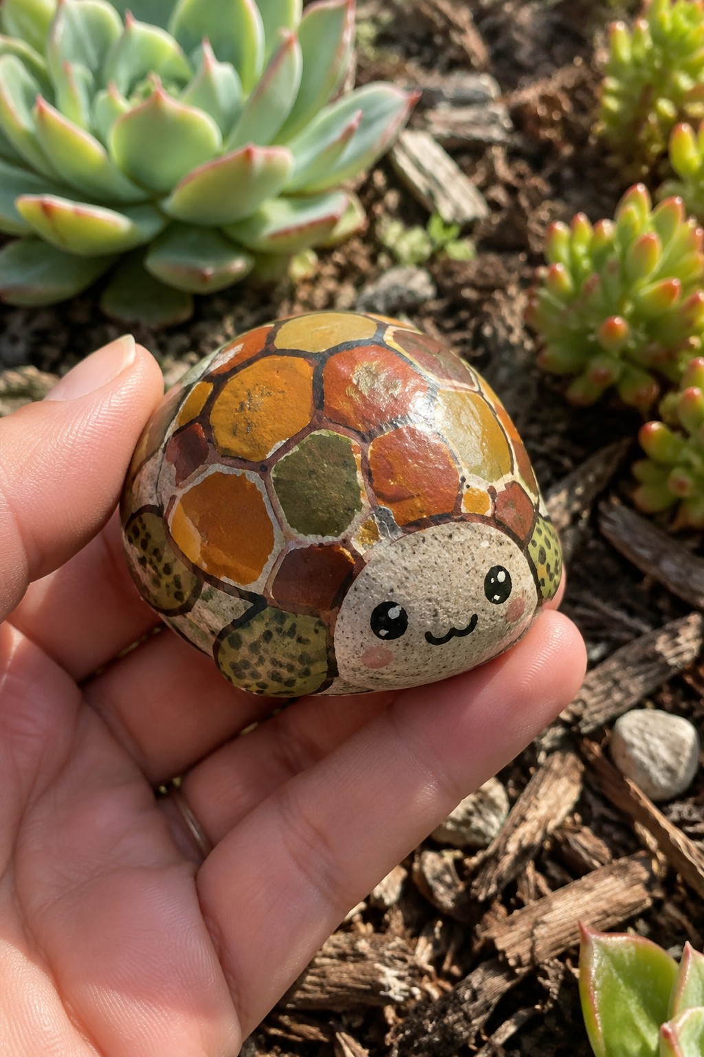 Hand holding colorful painted turtle rock with cute face among garden succulents