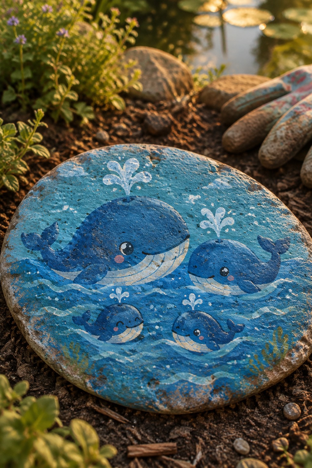 Painted blue rock with cartoon whale family swimming in white waves outdoors.