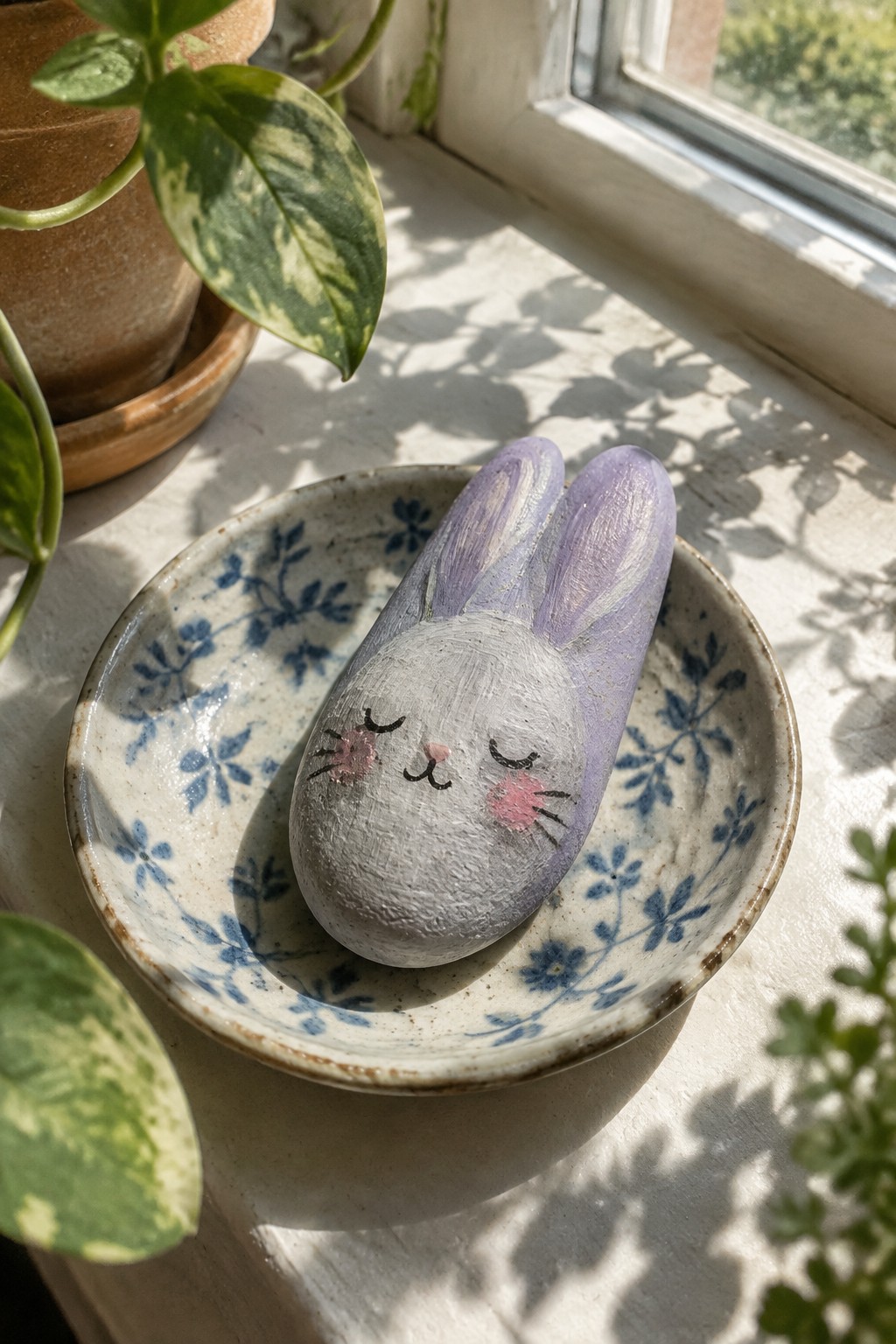 Painted purple bunny rock resting in a blue floral ceramic bowl on a sunny windowsill.