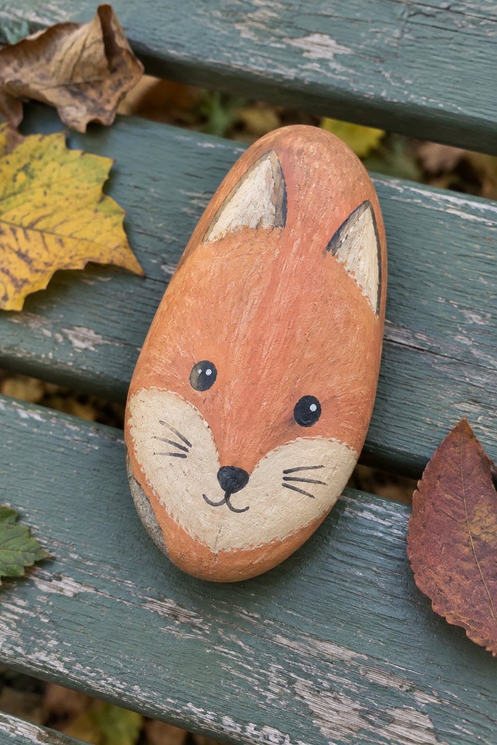 Painted orange fox rock on weathered green bench amid autumn leaves