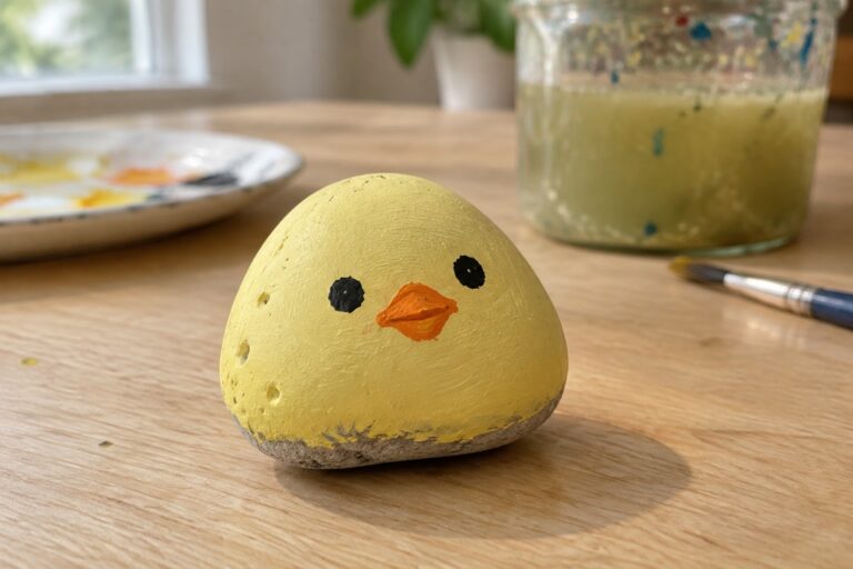 18 Cute Stone Painting Ideas in Soft Pastel Colors Yellow painted chick rock with orange beak on wooden table beside paint jar