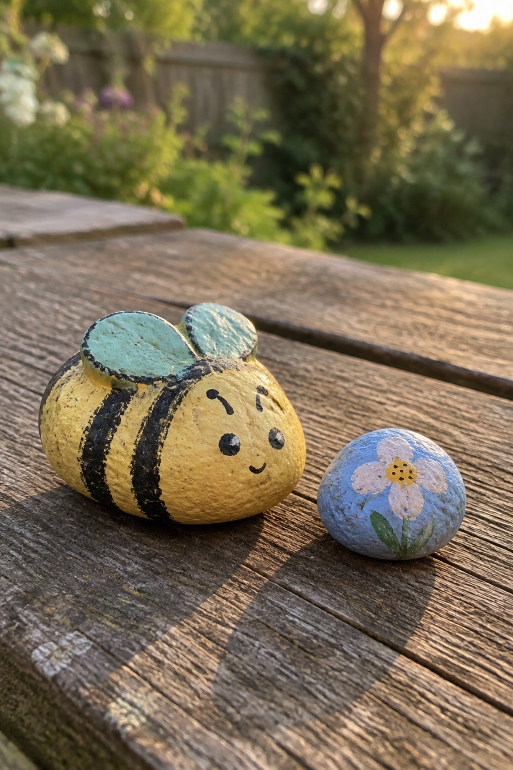 Painted yellow bee rock and blue flower rock on wooden garden table