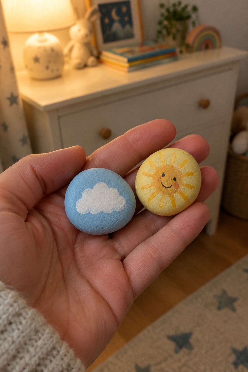 A hand holds two small painted rocks, one light blue with a white cloud and one yellow with a smiling sun.