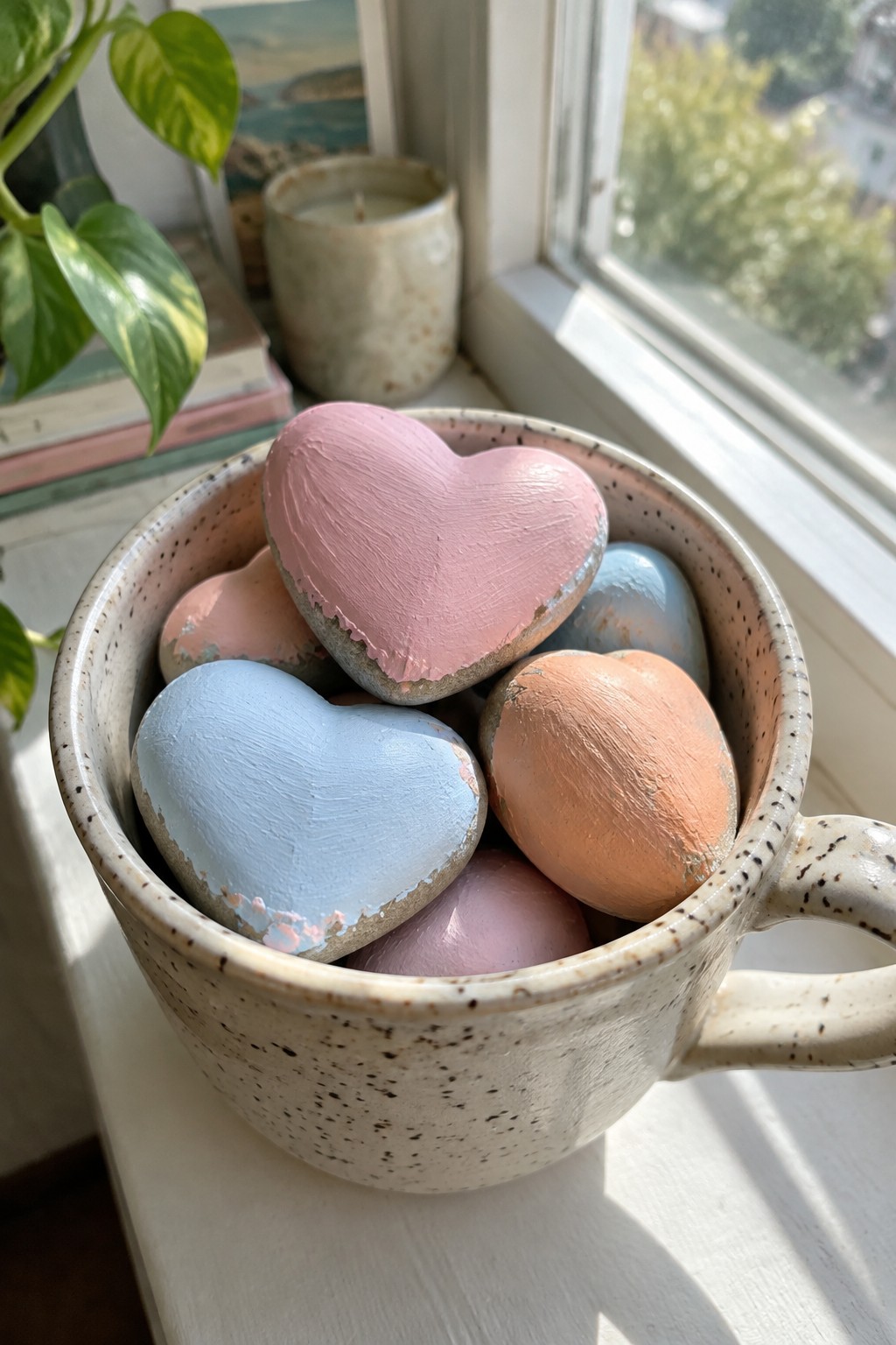 Speckled ceramic mug holding pastel pink, blue, and orange painted hearts on windowsill