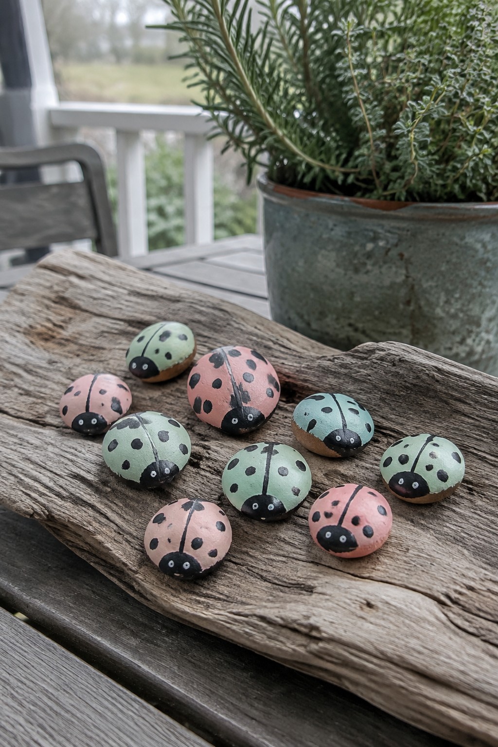 Pastel painted ladybug rocks arranged on weathered driftwood outdoors