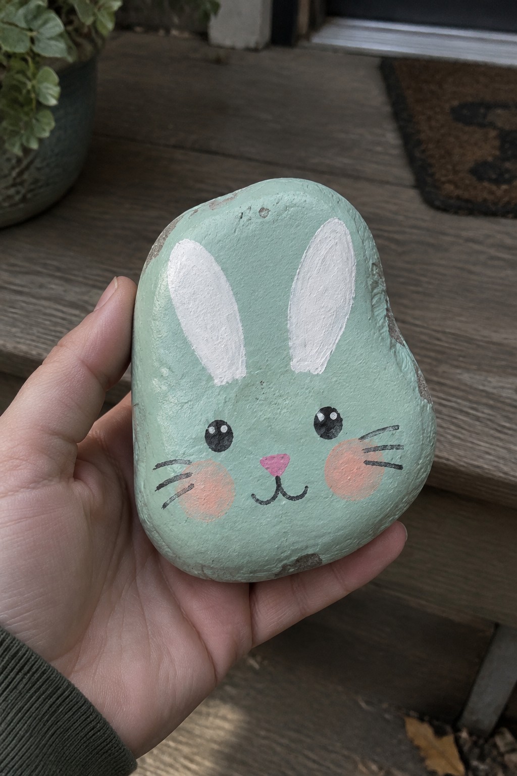 Hand holding light green painted rock with white bunny ears and face