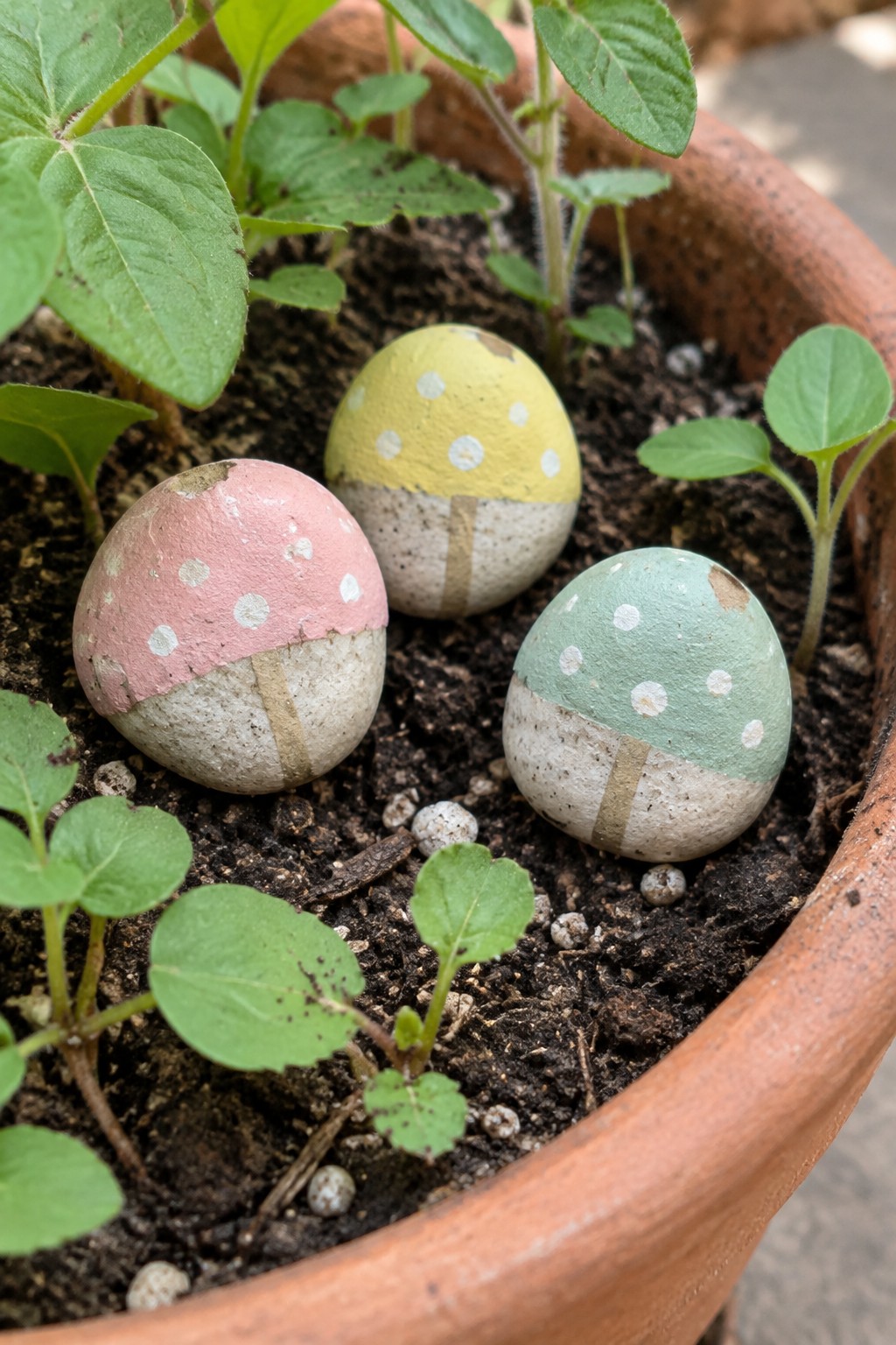 Three colorful mushroom-painted stones nestled among seedlings in a terracotta pot.