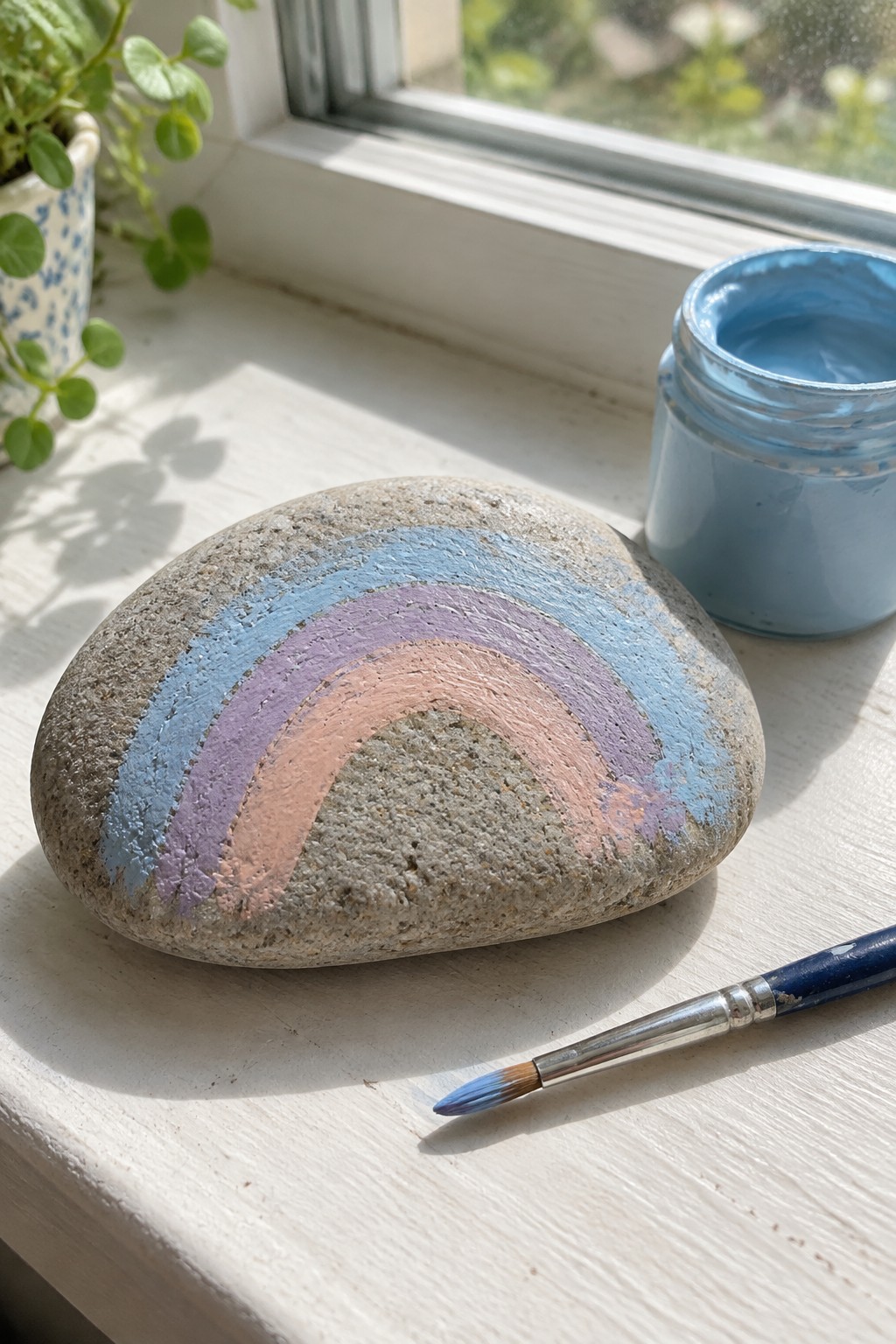 Painted stone with pastel rainbow on sunny windowsill beside blue paint jar and brush