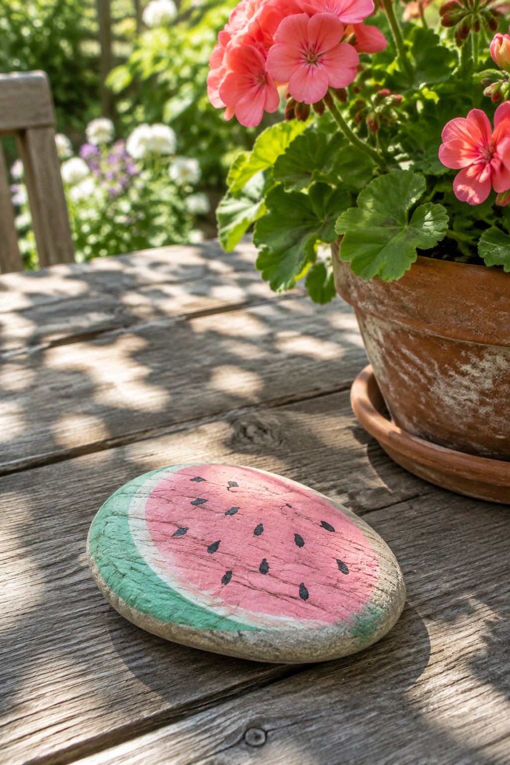 Watermelon-painted stone on wooden table beside potted pink geranium flowers