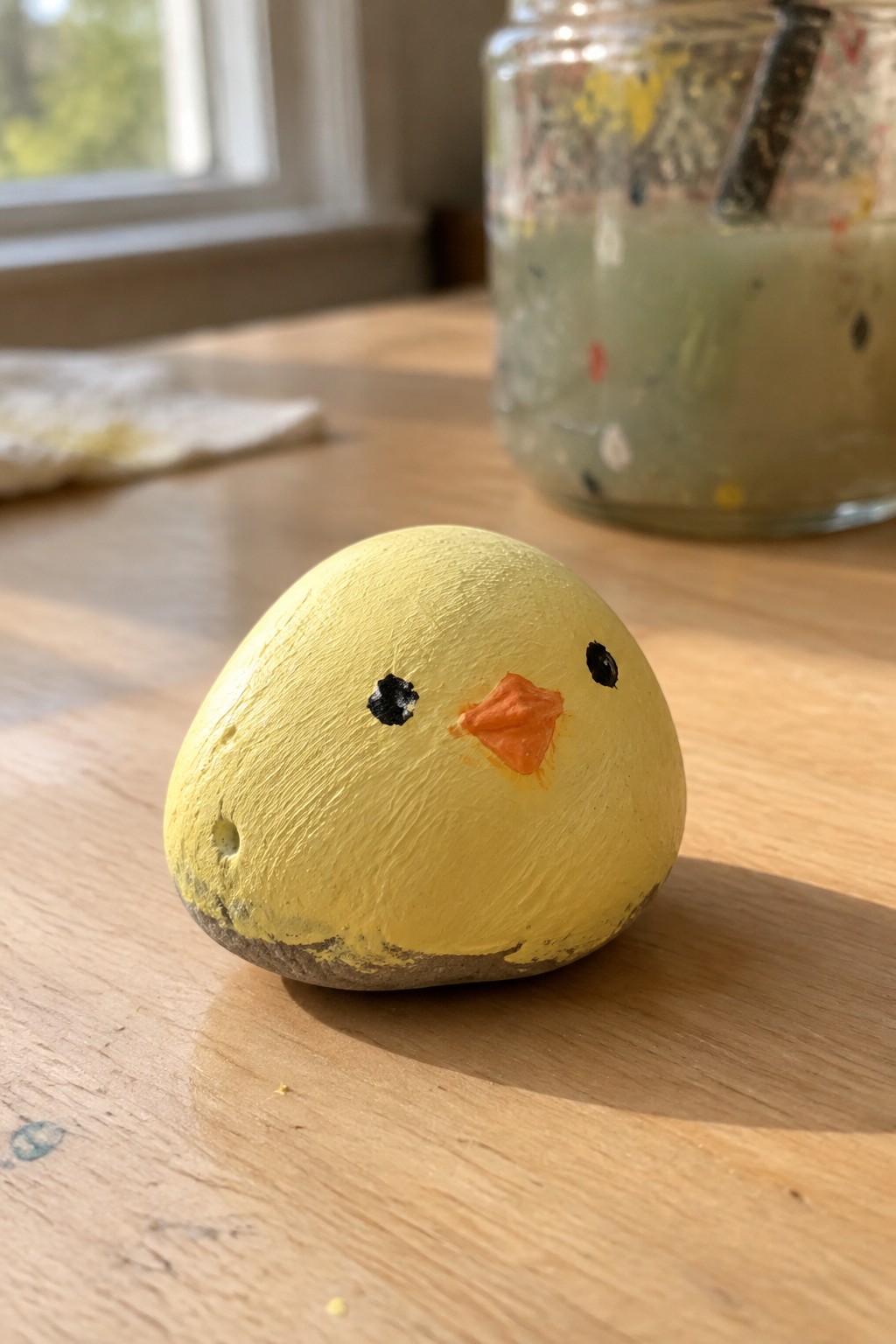 Yellow painted chick rock with orange beak on wooden table beside paint jar