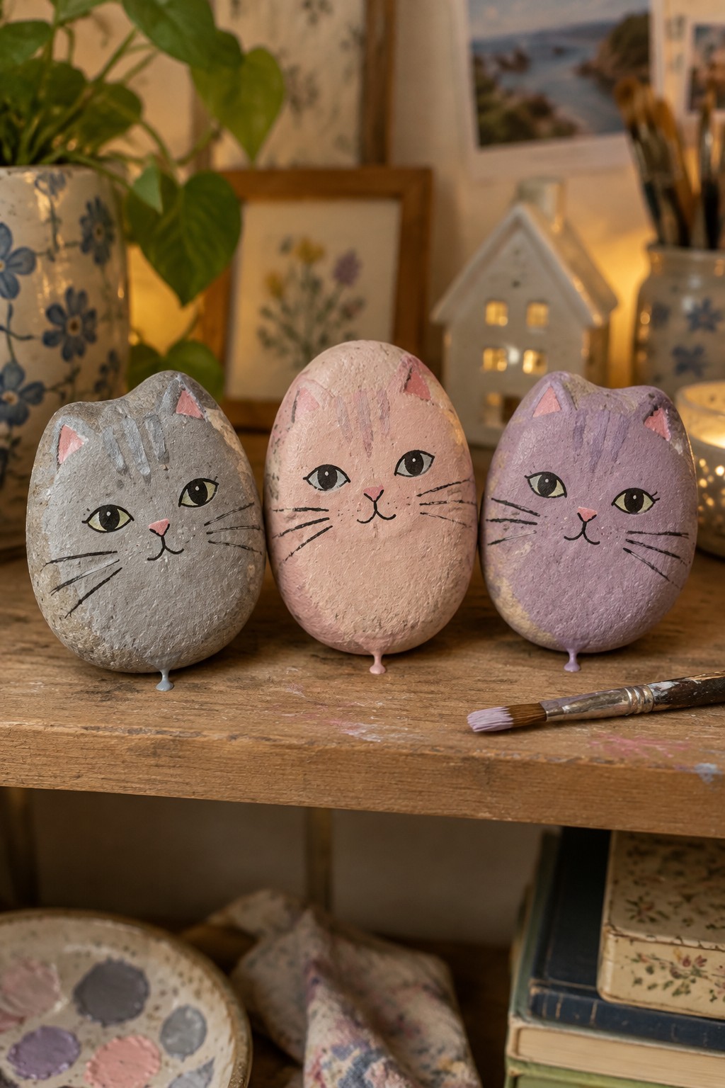 Three painted cat rocks in gray, pink, and purple on wooden table with paintbrush
