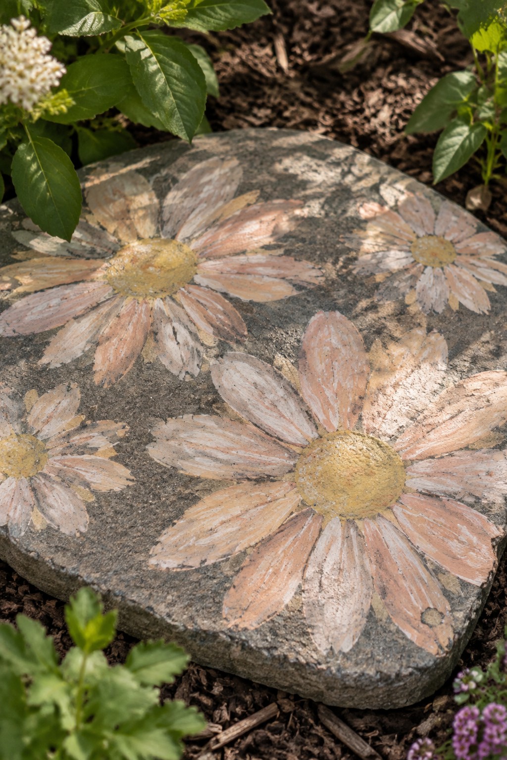 Weathered stone painted with pink and yellow daisies in garden soil.