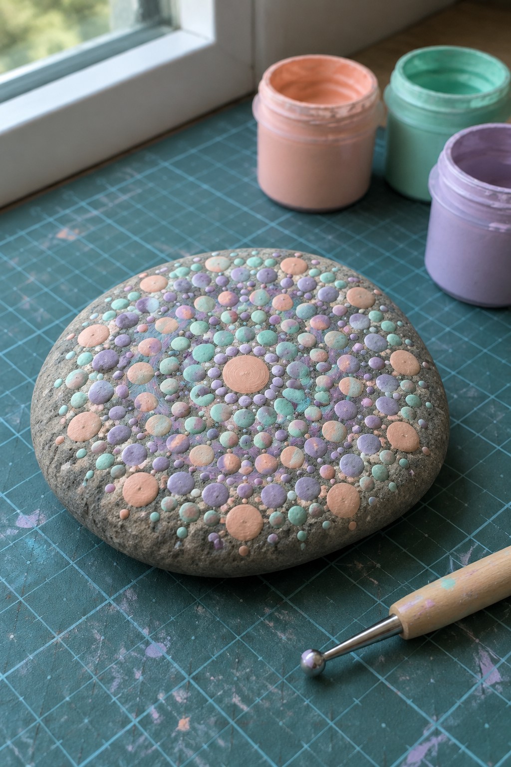 Painted stone with pastel dots beside paint jars and dotting tool on mat