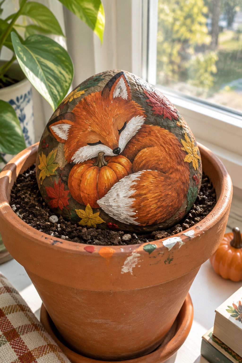 A rounded stone painted with a sleeping orange fox curled around two small pumpkins and surrounded by red and yellow autumn leaves sits in a terracotta pot filled with soil.