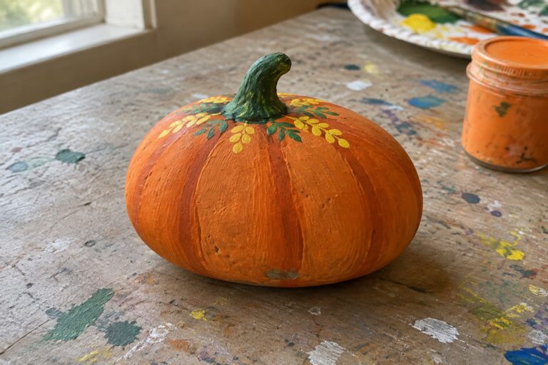 18 Fall Rock Painting Ideas Featuring Pumpkins and Autumn Leaves Painted orange pumpkin with yellow leaves on splattered wooden table beside paint jar