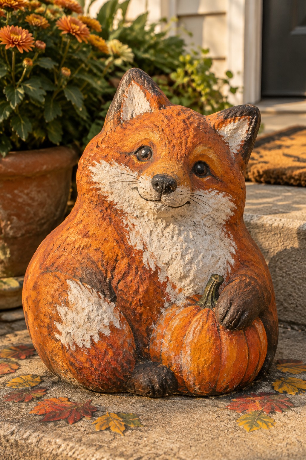 Weathered orange fox statue clutching pumpkin on autumn leaf-covered steps
