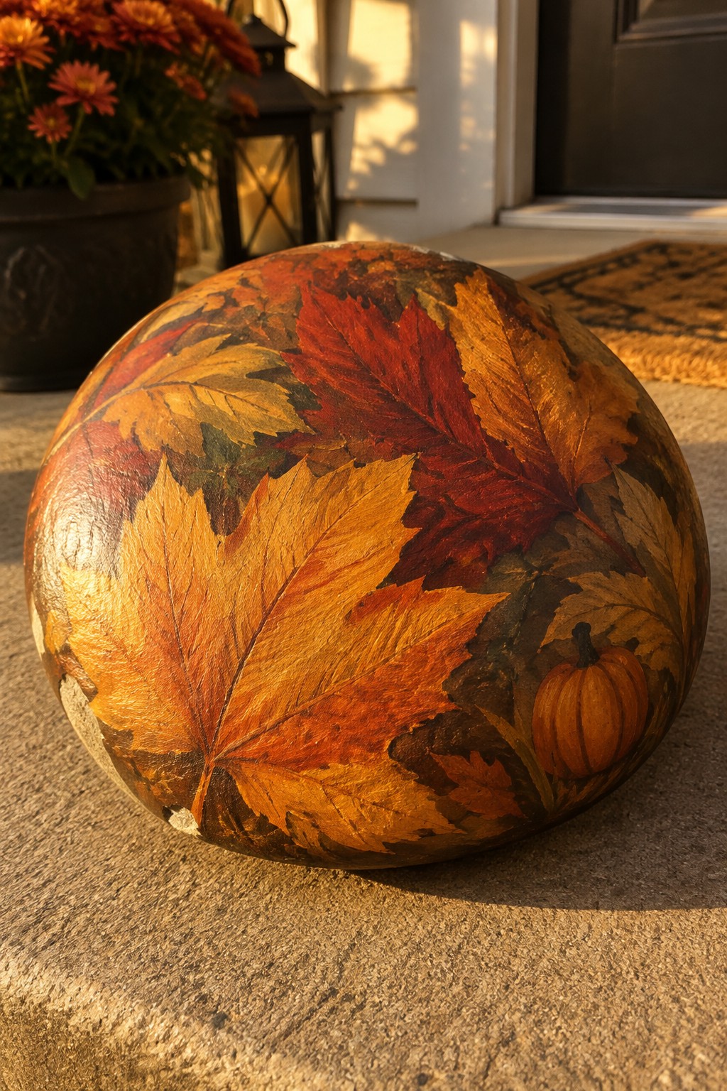 Round stone painted with vibrant autumn leaves and small pumpkin on doorstep