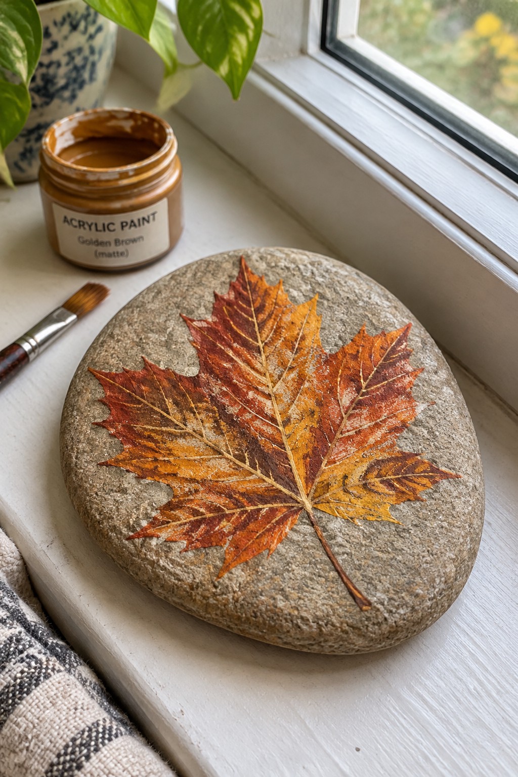 Vibrant maple leaf painted on round stone beside paint jar and brush on windowsill