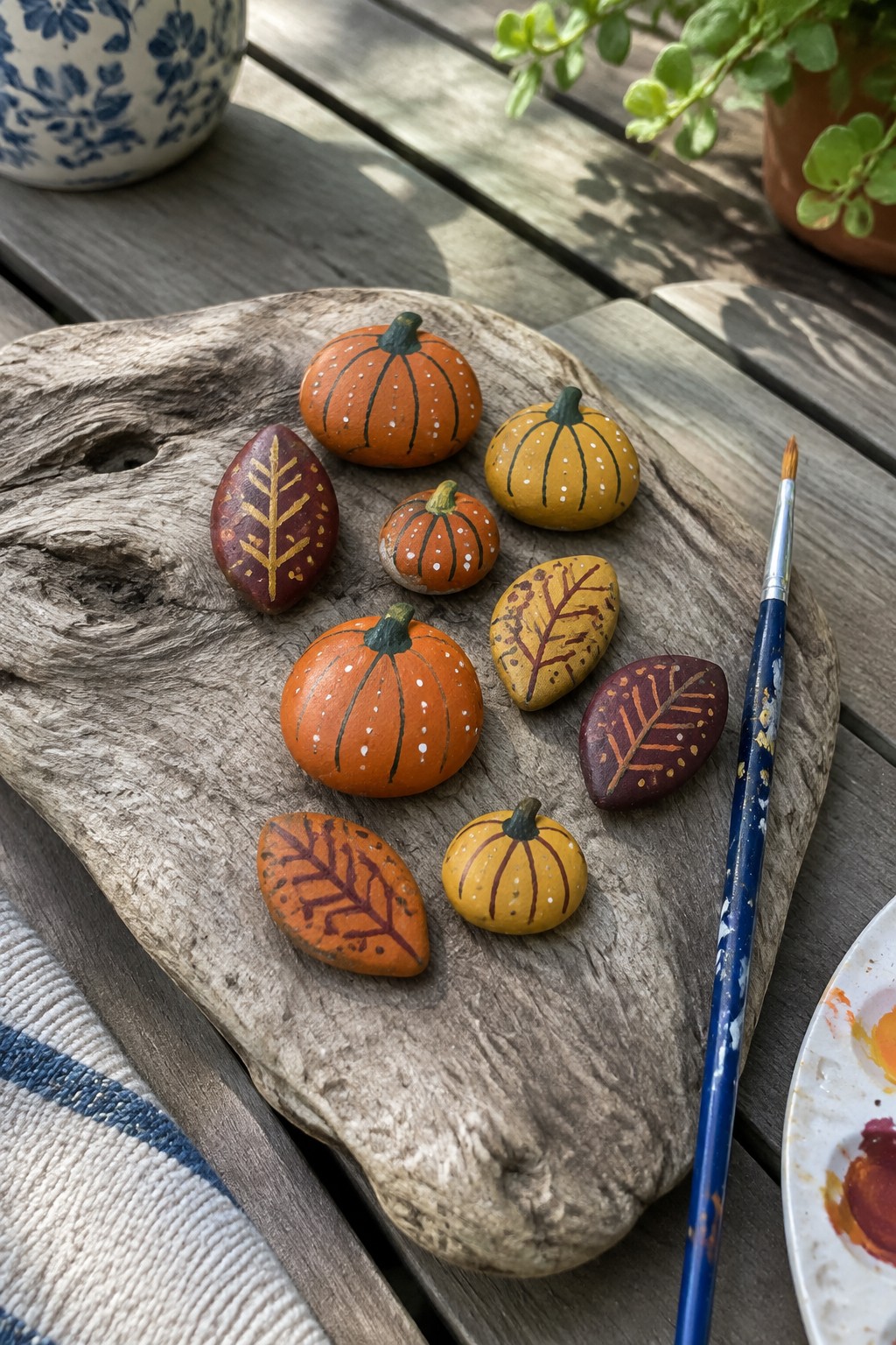 Painted orange and yellow pumpkin rocks with autumn leaf stones on driftwood beside paintbrush