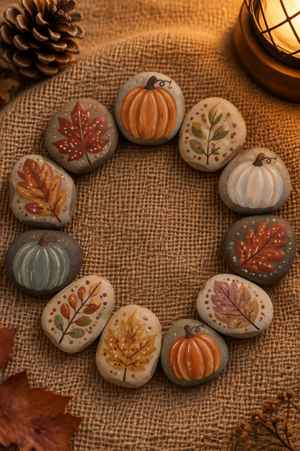 Painted stones with autumn leaves and pumpkins arranged on burlap beside lantern