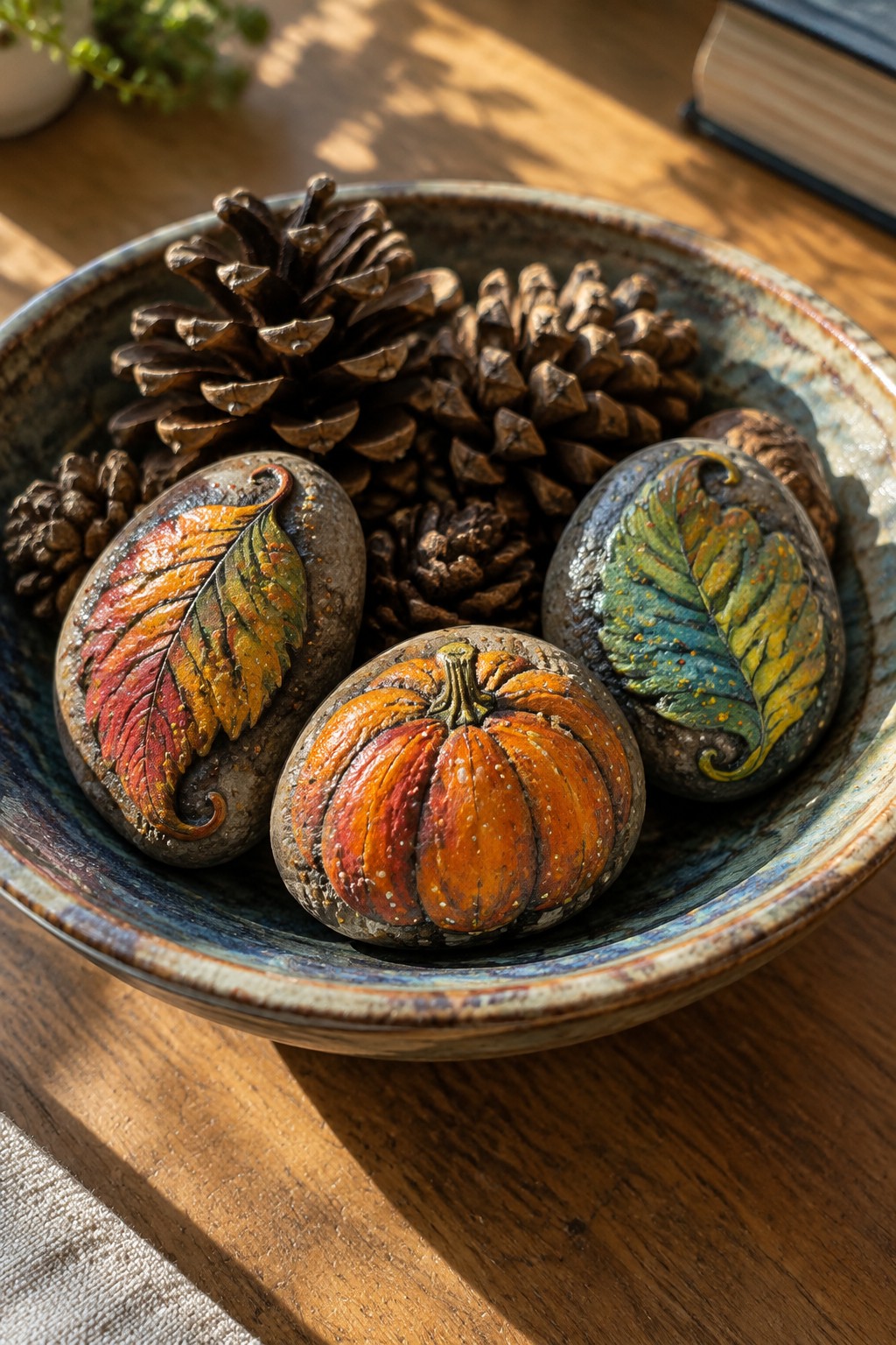 Painted stones of pumpkin and autumn leaves with pinecones in ceramic bowl on wood