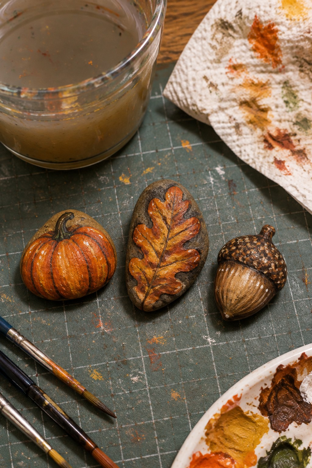 Painted rocks of pumpkin, oak leaf, and acorn amid brushes, palette, and jar on green mat