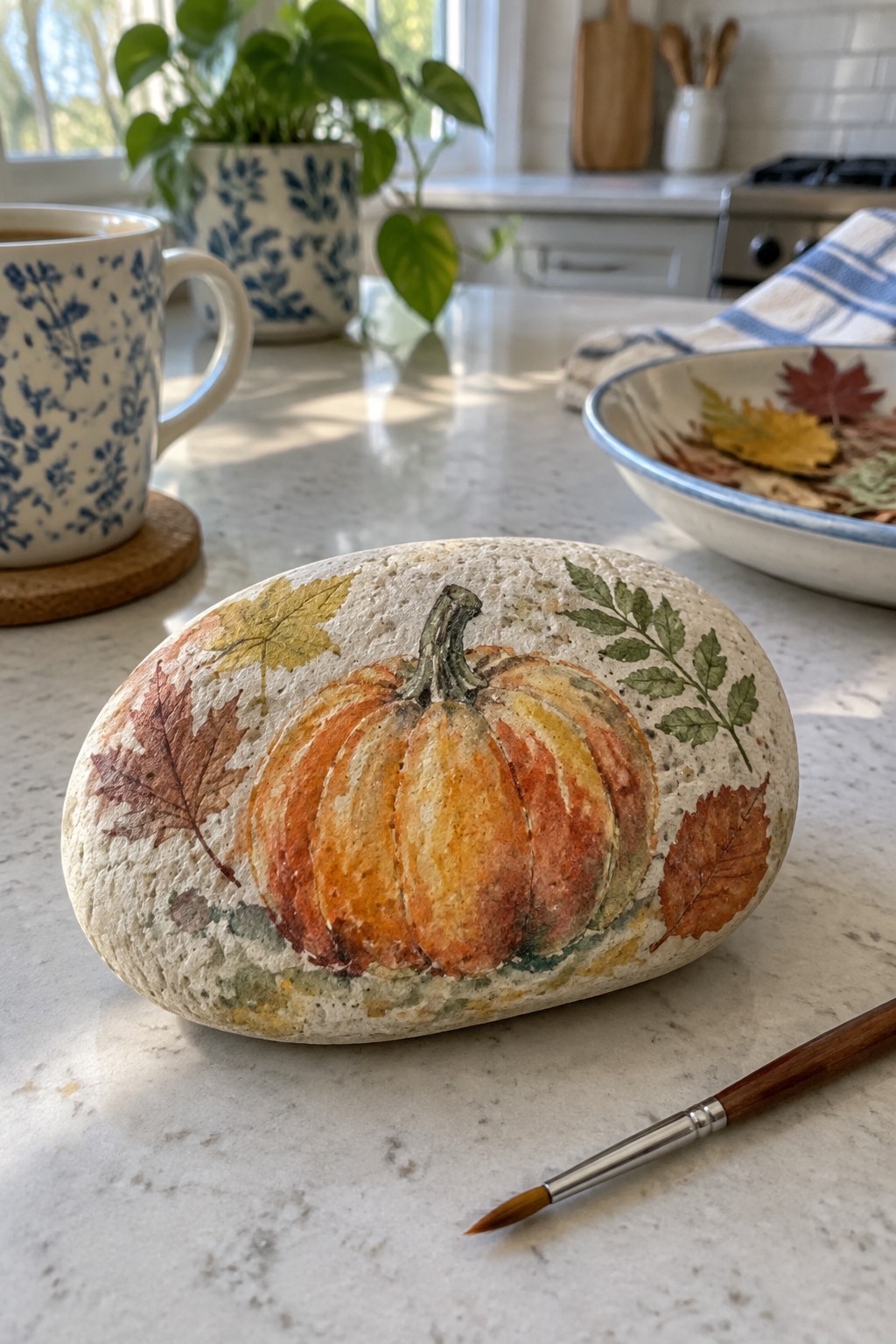 Painted rock with orange pumpkin and autumn leaves beside paintbrush on countertop