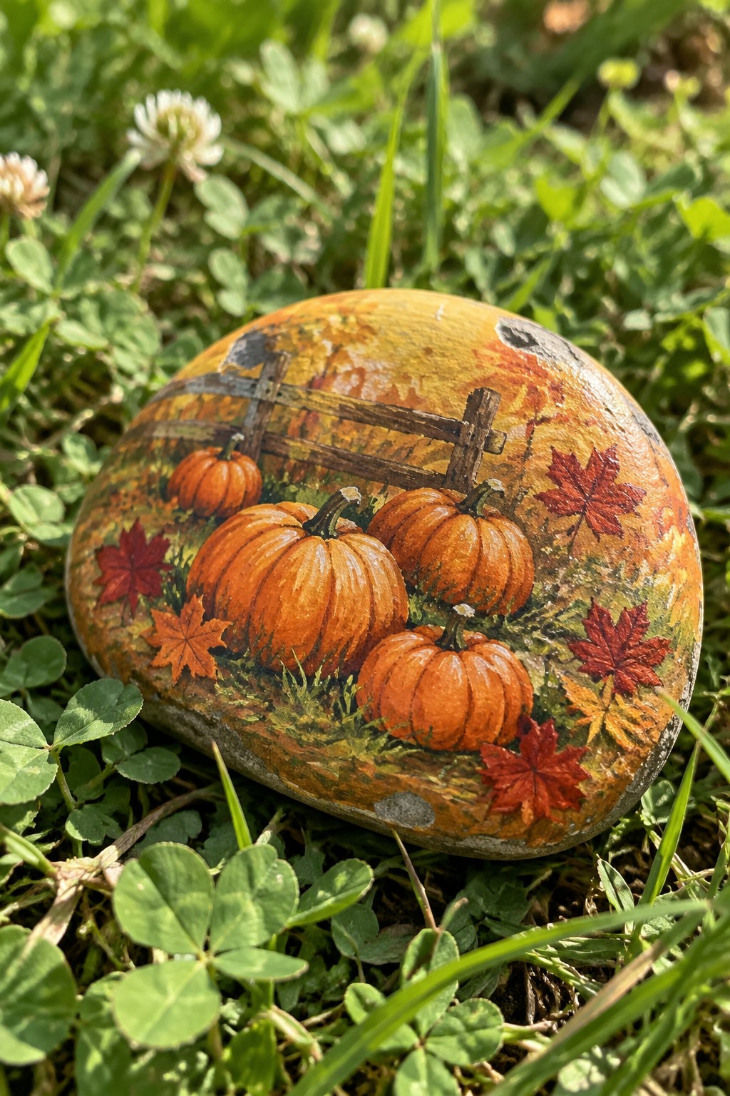 Painted rock showing orange pumpkins, wooden fence, and red autumn leaves on grass.
