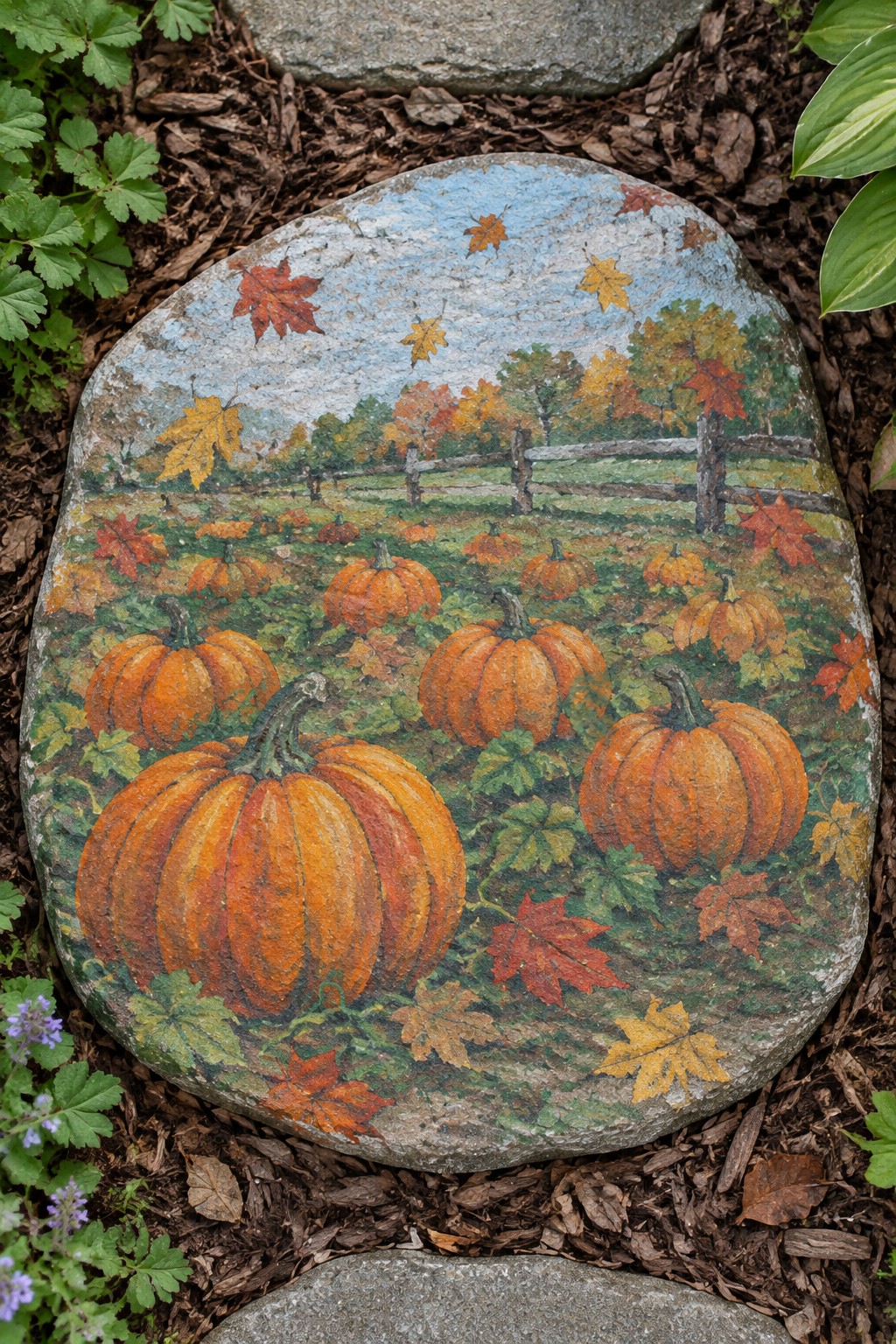 Painted rock showing orange pumpkins, falling leaves, and autumn field with fence
