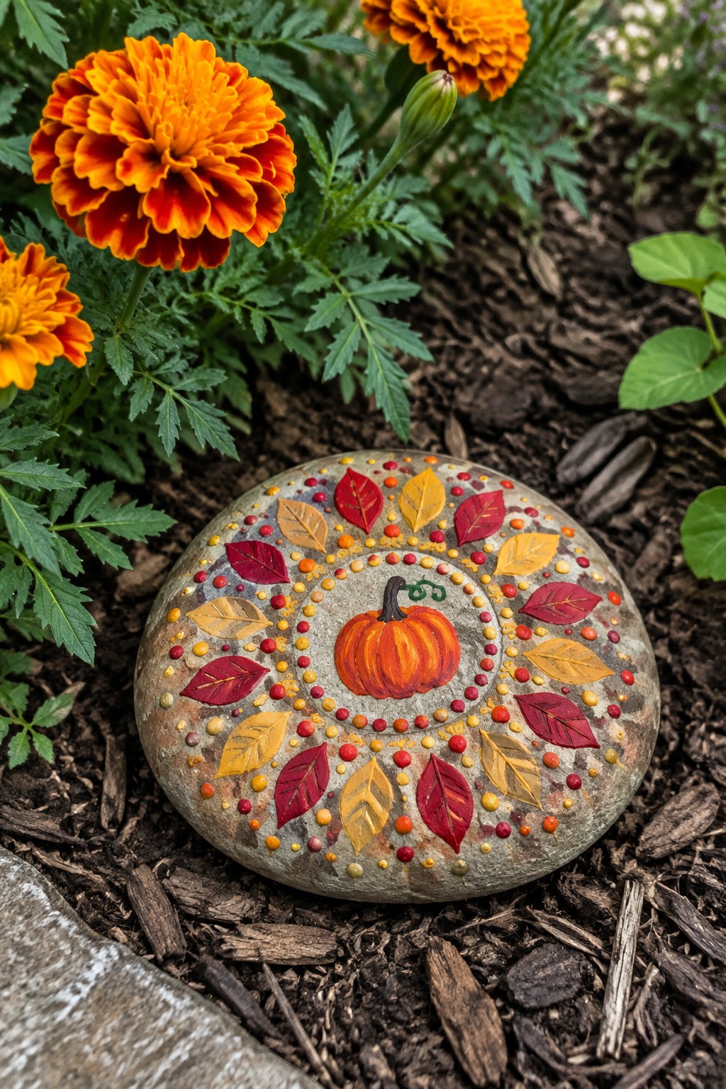 Colorful painted stone with pumpkin, red and yellow leaves, and dotted patterns amid marigolds