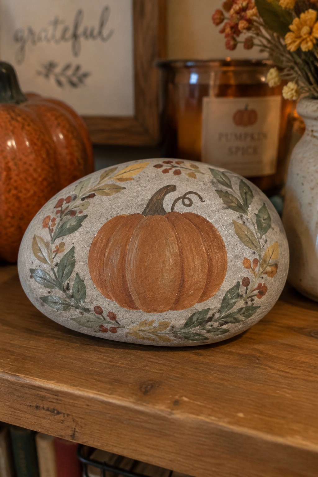 Painted gray stone with orange pumpkin and autumn leaf wreath on wood